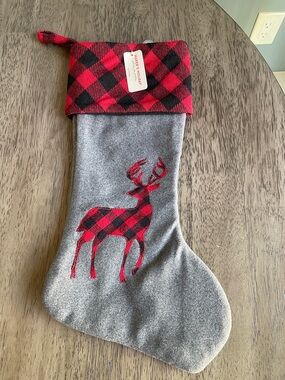 Gray Christmas Stocking with Red Buffalo Plaid Deer